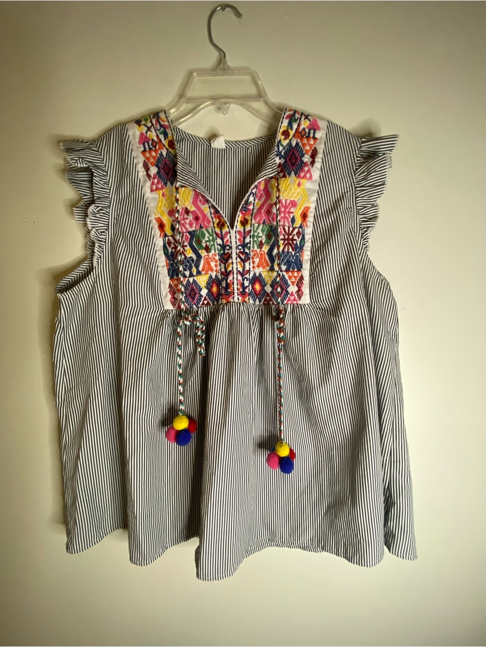 Striped Embroidered Pom-Pom Sleeveless Top - Multicolor